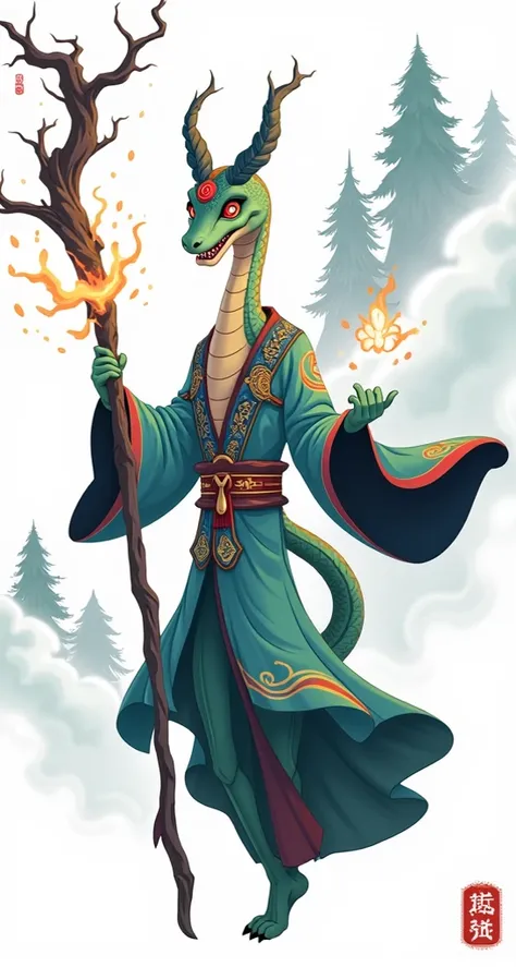 A cartoon character, snake type, snake body, wearing Chinese ancient costume, holding a stick like a god, on a mountain, trees, blurred clouds, illustration, array, disney, ancient Chinese site