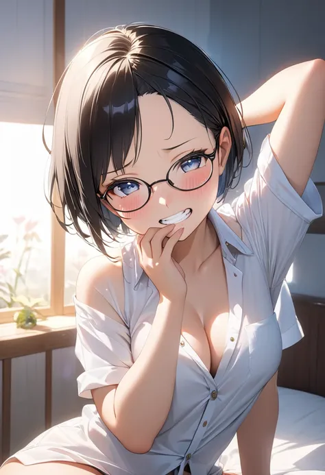 RAWphoto,photorealistic,8k16k,best quality,perfect anatomy,perfect detailed,ultra highres, extremely detailed eyes and face,gleaming skin,shiny skin,1girl,Japanese,black short hair,pixie cut, (wearing glasses:1.3),(parted bangs,forehead:1.2),round face,med...