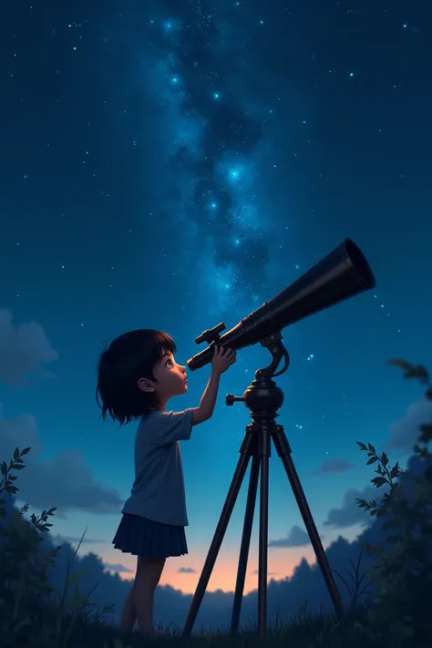 A girl with short black hair looking at the starry sky with a telescope 