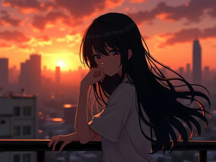 1 anime,  Backlight , sunset,  long hair,  black hair,  Looking at the camera , half body, city, sad face, The hand rests on the bar, to cry,  High resolution , 8k, realistic, Kurumi