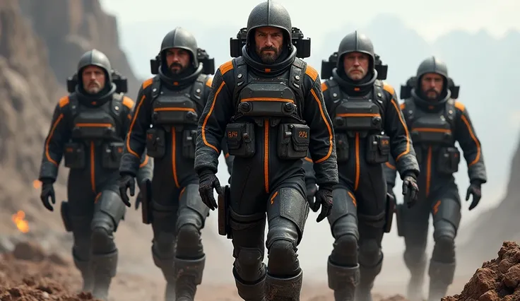 Create a realistic image of 5 space miners. Their suits are black with orange lines. They look rough and dirty. They are walking towards the camera with their gaze fixed on the camera
