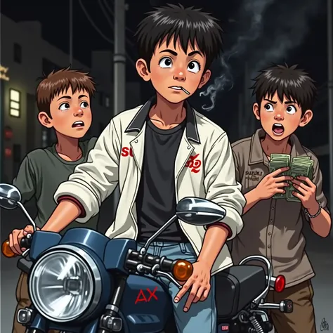  An image similar to that but of a boy on a Susuki ax 100 motorcycle smoking with a gun in his hand and with the other boys counting money , with a title that says we walk chuky  