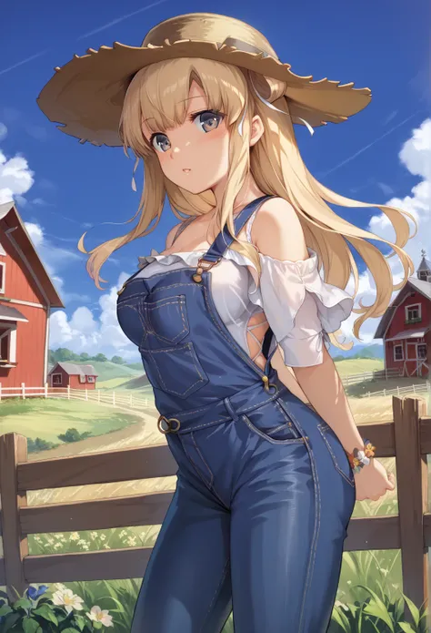 score_9,score_8_up,score_7_up,score_anime,cowboy shot,Idealized Forms,Natural Light,details background,blurry background,extremely detailed, (aga),fletcher(kancolle),brond hair,long hair,hair bun,double bun,breasts,,((jeans)),((overalls)),farm,straw hat,bl...