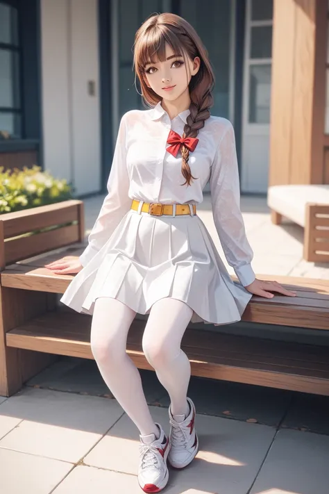 1Girl , tight skinny body, chest 0 .5 sizes ,  brown eye ,  Long brown hair , hair is braided with bows,  wearing a long white shirt, white skirt ,  white tights ,  red and white sneakers . she is wearing a yellow belt . realism,  masterpiece , detail 