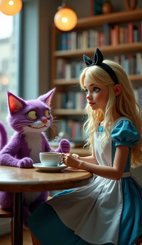  Alice in Wonderland and the smiling Clerishe Cat, Extremely realistic, both, Have a coffee inside a contemporary bookstore .