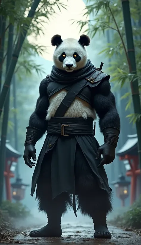 Character (Fusion of Panda and Ninja): A strong and agile fusion of a panda and a skilled ninja warrior. The figure blends the panda’s sleek black and white fur with a ninja’s dark attire, including a black belt, headband, and subtle armor details. The cha...