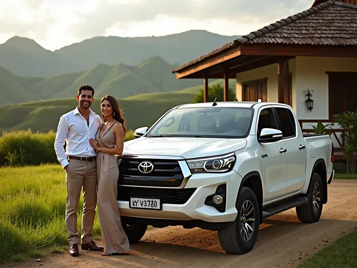 
millionaire latin couple on the left with a white toyota truck and country house in colombia in the background