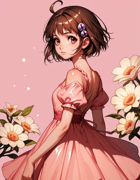 score_9, score_8_up, score_7_up, score_6_up, score_5_up, score_4_up, detailed background, shiny skin, posing, brown hair, ahoge, pink dress, short hair, hair ornament, pink background, flower, reala,
