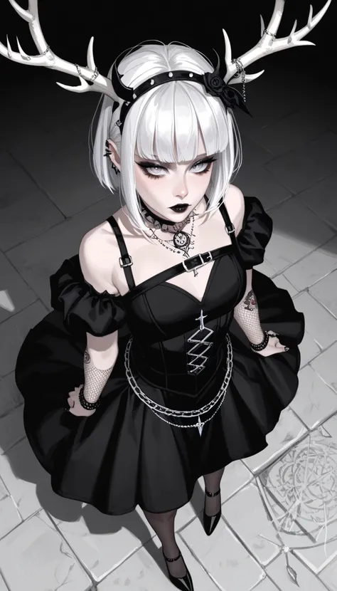  score_9,  score_8_above,  score_7_above,  score_6_above,  score_5_above,  score_4_above,  goth girl ,  ornate black dress , antlers,  White hair with bangs, Ojos rojos, pale skin, Naturaleza, (exceptional composition ), (Dark tones)