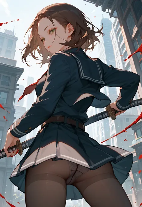 close up, ((cover)), poster, back view, standing, score_9, score_8_up, score_7_up, (solo), milf, 1girl, medium hair, forehead, brown hair, green eyes, ((dynamic pose)), (narrowed eyes), school uniform, katana, belt, pantyhose, (blood), skirt, panties, buil...