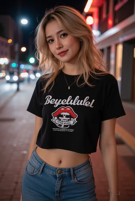 (((ultra highres))),(((extremely detailed))),exceptionally detailed,best quality,8k resolution,meticulous details,photo-realistic,realistic textures,Perfect big eye,(blonde alone:1.2),gal makeup,Dark Makeup Around Eyes,jeans and a T-shirt,with a city night...