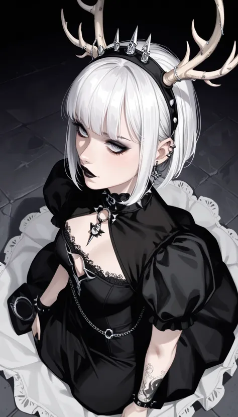  score_9,  score_8_above,  score_7_above,  score_6_above,  score_5_above,  score_4_above,  goth girl ,  ornate black dress , antlers,  White hair with bangs, Ojos rojos, pale skin, Naturaleza, (exceptional composition ), (Dark tones)