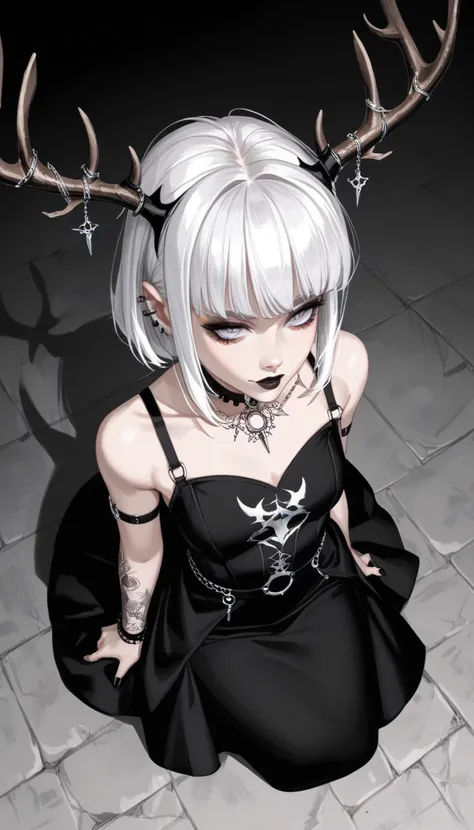  score_9,  score_8_above,  score_7_above,  score_6_above,  score_5_above,  score_4_above,  goth girl ,  ornate black dress , antlers,  White hair with bangs, Ojos rojos, pale skin, Naturaleza, (exceptional composition ), (Dark tones)