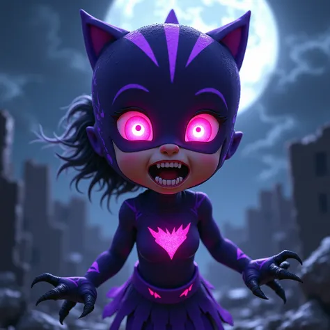 Create an extremely dark and terrifying version of Luna Girl from PJ Masks. Her purple costume should appear torn and stained, as if its been corrupted by dark energy, with jagged edges and pulsating shadows emanating from it. Her moon-shaped headband shou...