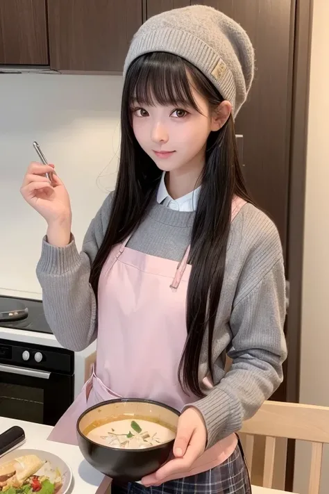  Depict a photorealistically young girl with long ones black hair, assembled in two tails,  gas stove in a pink apron with the words  "Good luck!"  in school uniform (gray sweater,  plaid skirt).  She looked nice and a little shy .   She has a white chefs ...