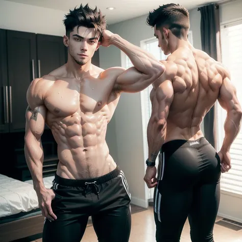 Anime style, young, 20 years,       a man is standing in the bedroom taking a picture,    photos fit    , posing and bend, thin,     but muscular    , ((attractive body)),  in this workout     ,    are slim and muscular,    slim fit t-shirt with an athleti...