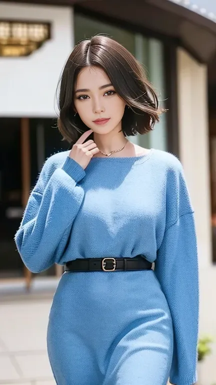  pictures of beautiful women、One housewife、A woman wearing a long-sleeved blouse and a long skirt with a belt、 Cowboy Shots、background:Street Corner、 walking this way 、smile、ボケたbackground、 Elegant Shortcut Hair、(a masterpiece portrait of a woman with ultra...