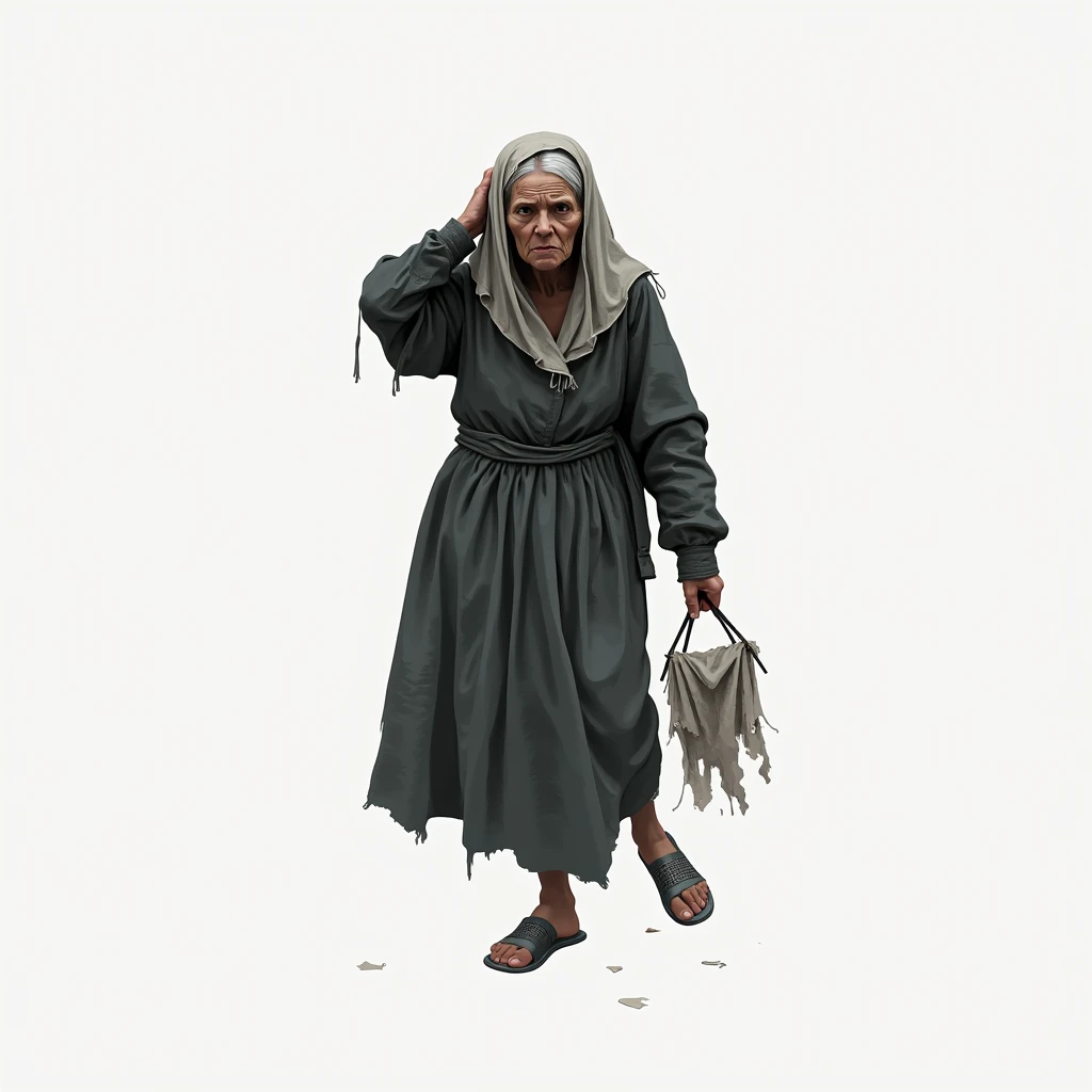 Make a drawing showing this woman getting old and suddenly poor, and her clothes are very tattered. Very bed clothes dirty 