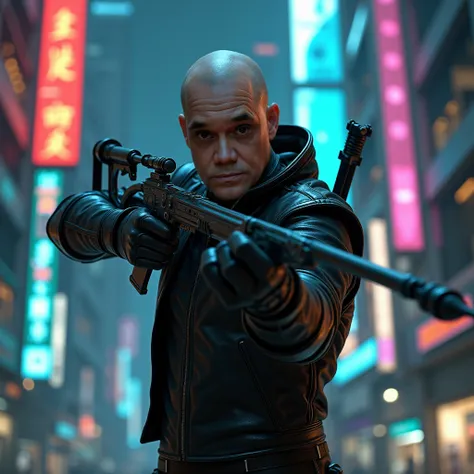 bald man, dark eyes, in futuristic leather clothing pointing a crossbow, in the background of a retro futuristic city with lots of concrete, the scene takes place at night