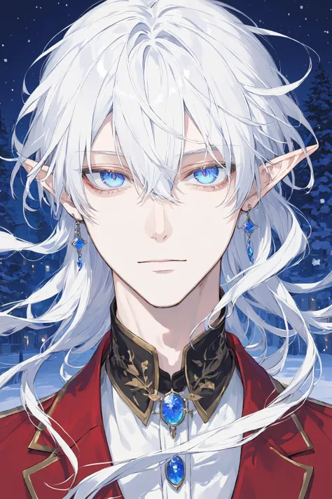 (Masterpiece, high resolution, best quality), christmas tree in the background, a lot of snow, detailed eyes, high quality eyes, 1 male,  small elf ears, albino, bangs, bangs,  bangs, androgynous male, feminile male, bangs, look at you, bishonen, nostalgic...