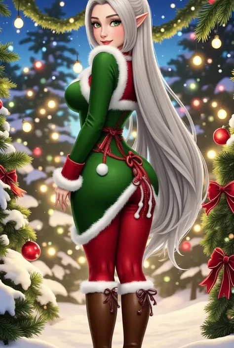 Anime Illustration, Sexy pose, In a snow-blanketed forest adorned with twinkling lights and festive garlands, from behind, round ass, from below, Christmas sexy babe, brown Leather Harness, an elven maiden named Lirien stands amidst the celebration. Her lo...