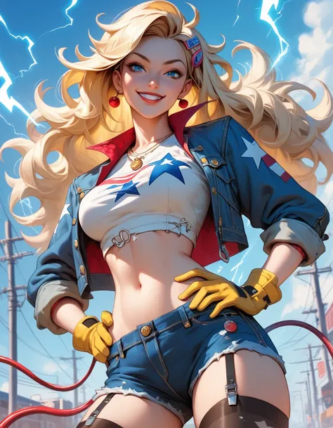 score_9, score_8_up, score_7_up, hand on hips, cowboy shot, evil smile, wide shot, smile, electricity around girl, electric cables, battery, very long messy hair, blonde hair, hair clip, blue eyes, jeans shorts, crop top, denim jacket, garter, american fla...