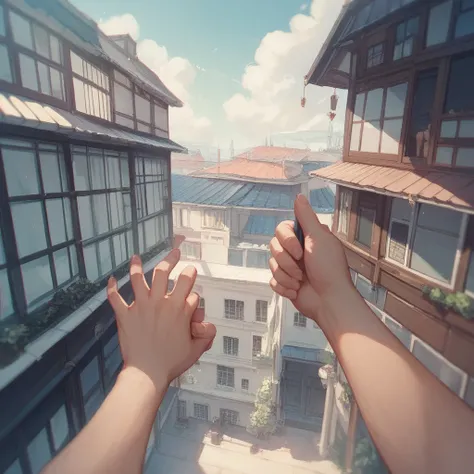 a girl holding another girls hand which is hanging from the roof of a multi-storey building, view from above, anime