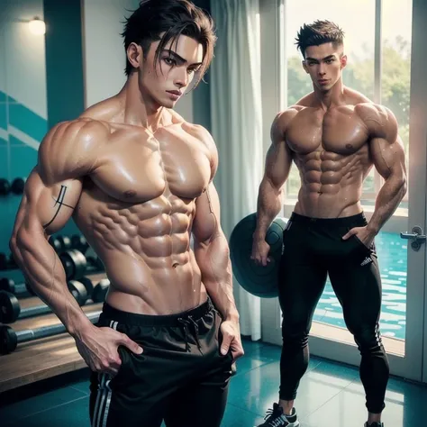 Anime style, young, 20 years,       a man is standing in the bedroom taking a picture,    photos fit    , posing and bend, thin,     but muscular    , ((attractive body)),  in this workout     ,    are slim and muscular,    slim fit t-shirt with an athleti...