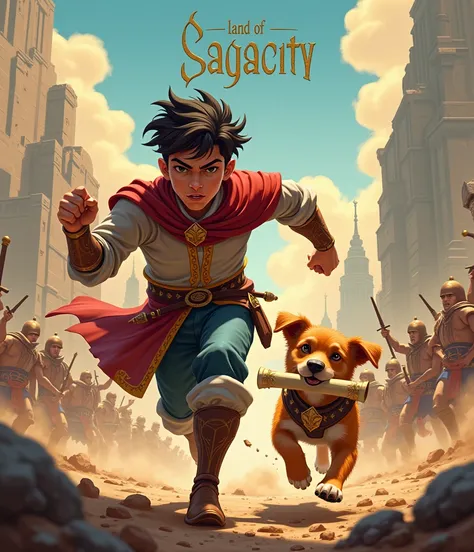 create a page written "The Land of Sagacity" on top of page in unique font , also create a battle behind in scene ( 2d comic style), a prince is running with little puppy (cartoon style) that holds  scrolls in its mouth side pose, comic style, 2d