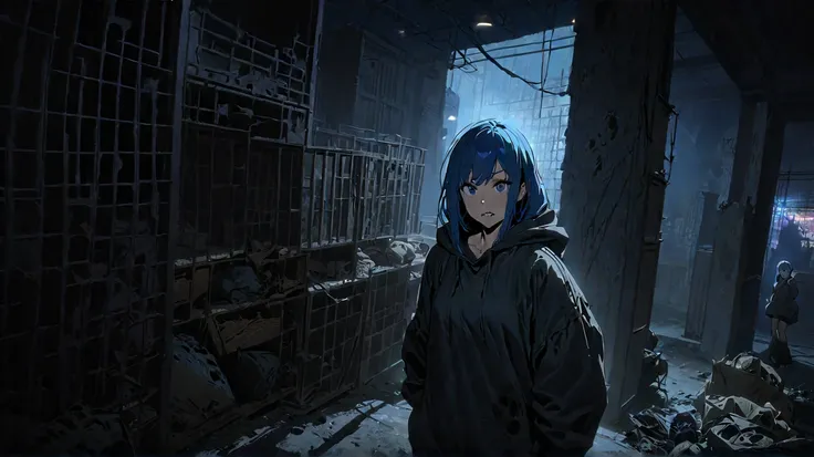 2D Anime style: [realistic lighting, night time, UHD Anime 8k] The inside of a dark warehouse at night, the blue-haired Sally [young slim woman wearing a ripped and dirty black oversized hoodie, has short blue hair] from Tales of the Zombie Wasteland (TFTZ...