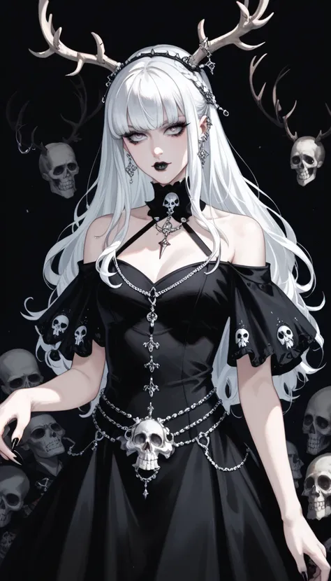   goth girl ,  spectacular ornate black dress, Baroque dress, antlers,  White hair with bangs, Ojos rojos, pale skin, Naturaleza, (exceptional composition ), (Dark tones), skulls around 