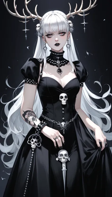   goth girl ,  spectacular ornate black dress, Baroque dress, antlers,  White hair with bangs, Ojos rojos, pale skin, Naturaleza, (exceptional composition ), (Dark tones), skulls around 