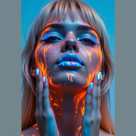 A photograph of a womans luminescent face with vibrant, glowing makeup. Her skin is covered in bright orange, red, and blue colors, creating a striking contrast with her natural skin tone. The makeup is heavily applied, with a focus on the eyes and lips, t...