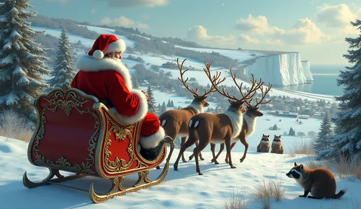 santa claus riding in his sleigh being pulled by reindeers through a beautiful Christmas landscape on the isle of wight. watching Santa and his sleigh are four racoons who look on from the side.