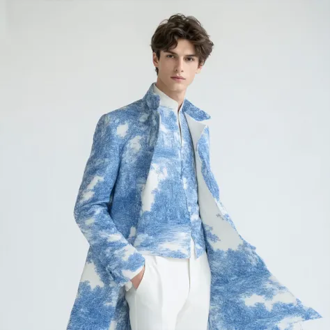 Young man , medium wavy brown hair . A full-color high-fashion editorial featuring a male model wearing a regal and elegant ensemble inspired by blue-and-white porcelain designs. The outfit consists of a sharply tailored, floor-length coat with exaggerated...