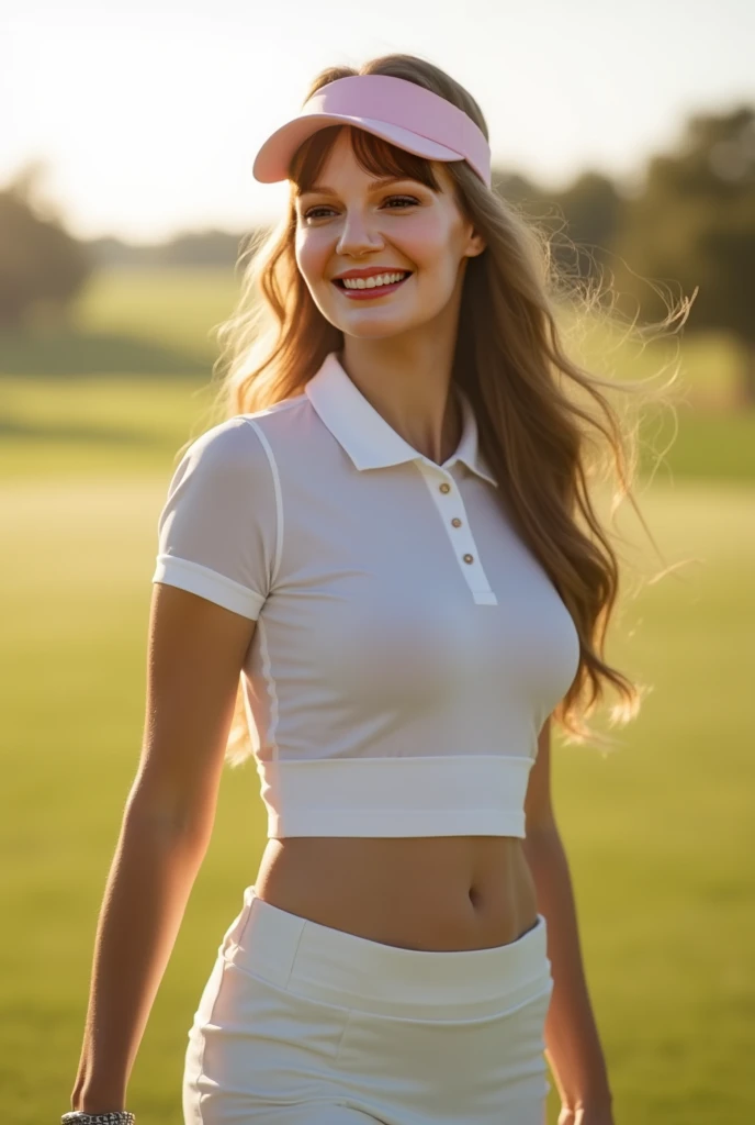 ((A full-body shot)), beautiful smile european woman long slowing  hair, 41 years old, (a photo capturing the entire body from head to shoes), glowing light white skin, dynamic angle, golf course, white transparent golf polo shirts, tight golf skirts, pale...