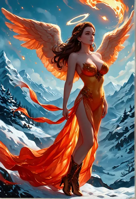 score_9, score_8_up, score_7_up, score_6_up, score_5_up, score_4_up, watercolor art of an angel flying over a volcano, full body shot,  a beautiful angel, spread  wings, dynamic hair color, dynamic hair style, busty, wearing colorful silk dress, intricate ...