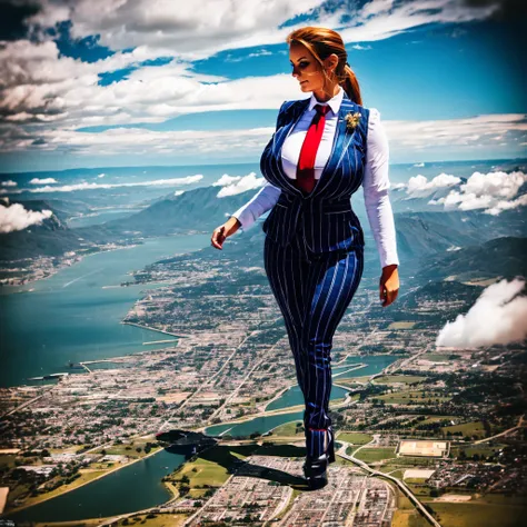 Giantess art, (towering over a 100 miles tall) bbw giant woman in distance walking on countries, young women with beautiful curves, massive thighs, ginger hair, lipstick, wearing a pinstripe trouser suit and blazer, crisp white shirt that covers her chest ...