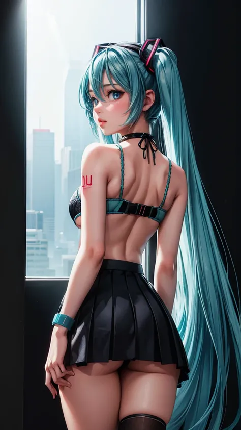 ((Hatsune Miku)), (heavy blushing), ((luminous design)), blue hair, blue eyes, seductive expression, (lewd), (ecchi), multicolored hair, underboob, (cyberpunk), (punk), big breasts, neon skirt, neon bra, choker, rave, wristband, sexy, submissive, ((natural...