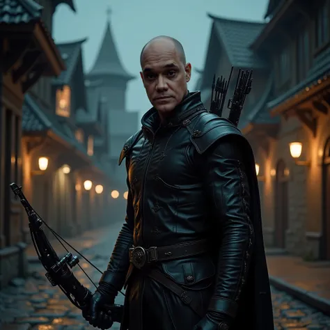 bald man, dark eyes, wearing futuristic leather clothing holding a crossbow in one hand, in the background of a street in a medieval futuristic village, the scene takes place at night