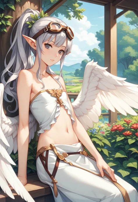 Girl taking a nap with a big tree on her back　(one girl,　Featherfolk　Big white wings　Two wings　 pointed ears　 Silver Hair　 dark eyes　Goggles on the eyes　 ponytail　 long hair　Archers clothes　160cm　 slender 　 flat chested)　House garden　 fantasy world　anime s...