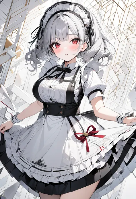  big breasts、Gray Hair、 red eyes、blush、Maid、Maid服、 white background 、 (masterpiece,  top quality),  official art,  beautiful 、aesthetic: 1.2), ( 1 girl),  very detailed , (geometry art: 1.3),  colorful 