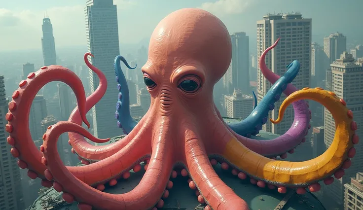 A man shaped like a giant octopus with a human face in the middle of a city, with a red tentacle, another blue tentacle, another yellow tentacle and another violet tentacle, taking over everything around him. A well-integrated 3D text "ESTÁN EN TODAS"