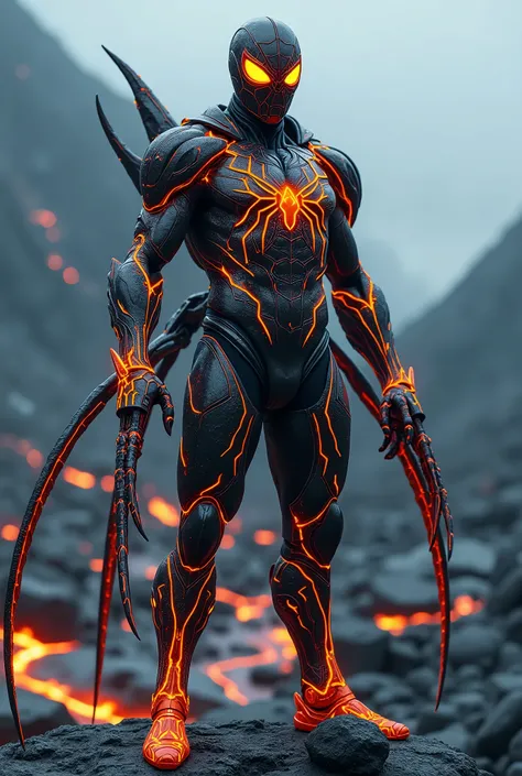 breathtaking cinematic science fiction photo of a portrait of a non human masked Grim dressed as a volcanic  Spiderman with iron spider legs coming out from his back knight in lava metalskin, body full glowing metrics inside, glowing multicoloured eyes, mu...