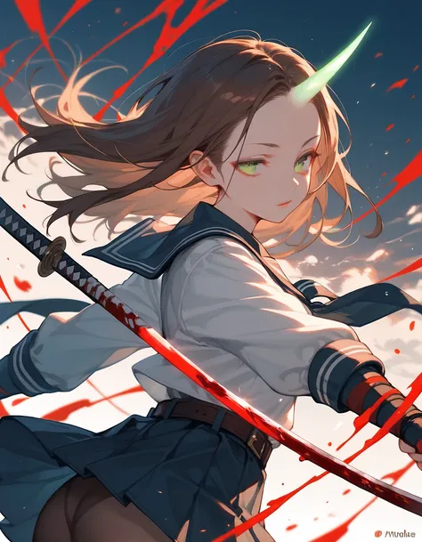 close up, (((cover))), (poster), score_9, score_8_up, score_7_up, (solo), 1girl, glow horn, long hair, medium hair, forehead, brown hair, green eyes, ((dynamic pose)), (narrowed eyes), school uniform, katana, belt, pantyhose, (blood), skirt, (ass:0.8)