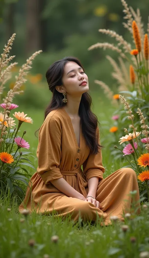 " A person sitting on a verdant field , surrounded by flowers and natural elements ,  with a serene expression and earthy clothes that convey sophistication."
