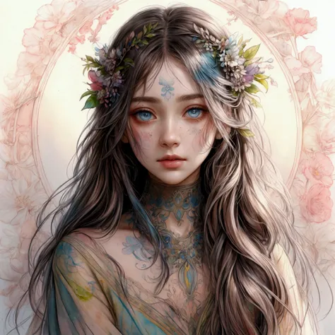 show full head extremely detailed portrait with flowers in her hair in a rough sketch coloured with watercolor, extremely detailed eyes, beautiful eyes, completely centered image, blank space surrounding drawing, focus on face lines, dripping watercolor, i...