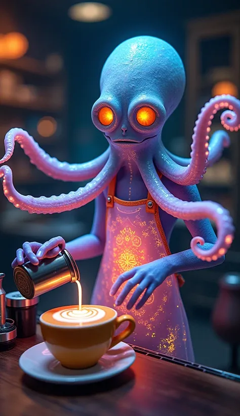 A mesmerizing fusion of an Alien Octopus and a futuristic Barista, blending extraterrestrial wonder with the artistry of coffee craftsmanship. The creature has a semi-translucent, jelly-like body that glows with vibrant bioluminescent patterns resembling a...