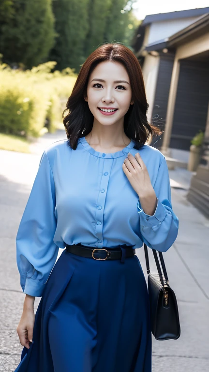  pictures of beautiful women、One housewife、40 years old、Mature Woman、 long-sleeved blouse 、A woman wearing a long skirt with a belt、 Cowboy Shots、background:Street Corner、 walking this way 、smile、ボケたbackground、 elegant hairstyle 、Wide pelvis、 Thin Waist、Cu...