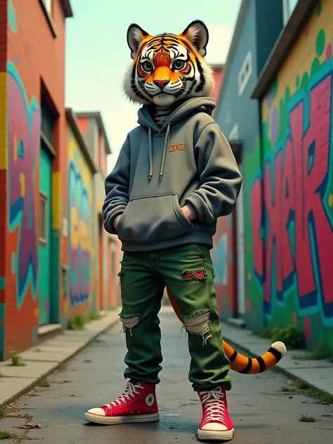 (vivid colors, urban environment, graffiti style) | A stylized humanized Tiger, standing confidently in a vibrant urban alley covered in graffiti art. She is dressed in a loose gray sweatshirt, greenish jeans, and bright red sneakers, blending into the mod...